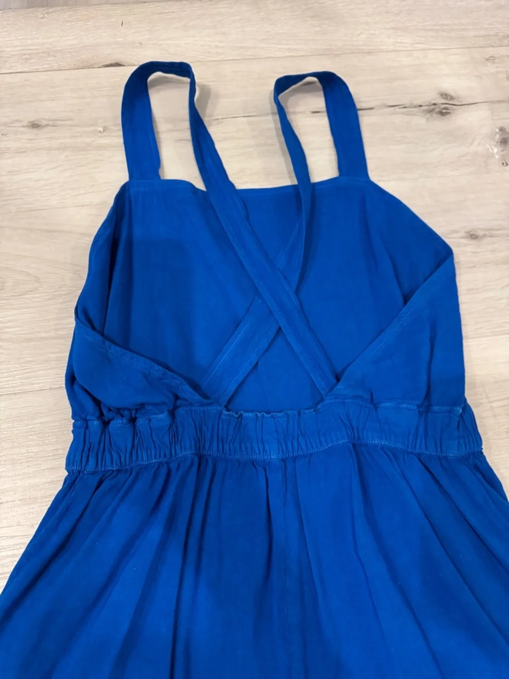 Zara Bright Blue Sleeveless Romper with open back in a Linen/Viscose blend.